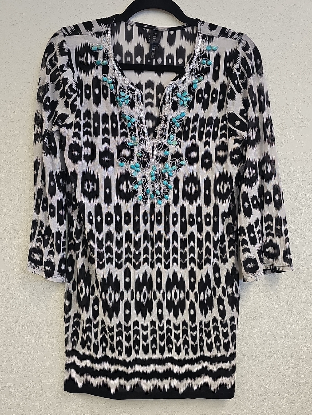 Mt Collection Black & White Embroidered V-Neck Tunic with Turquoise Accents